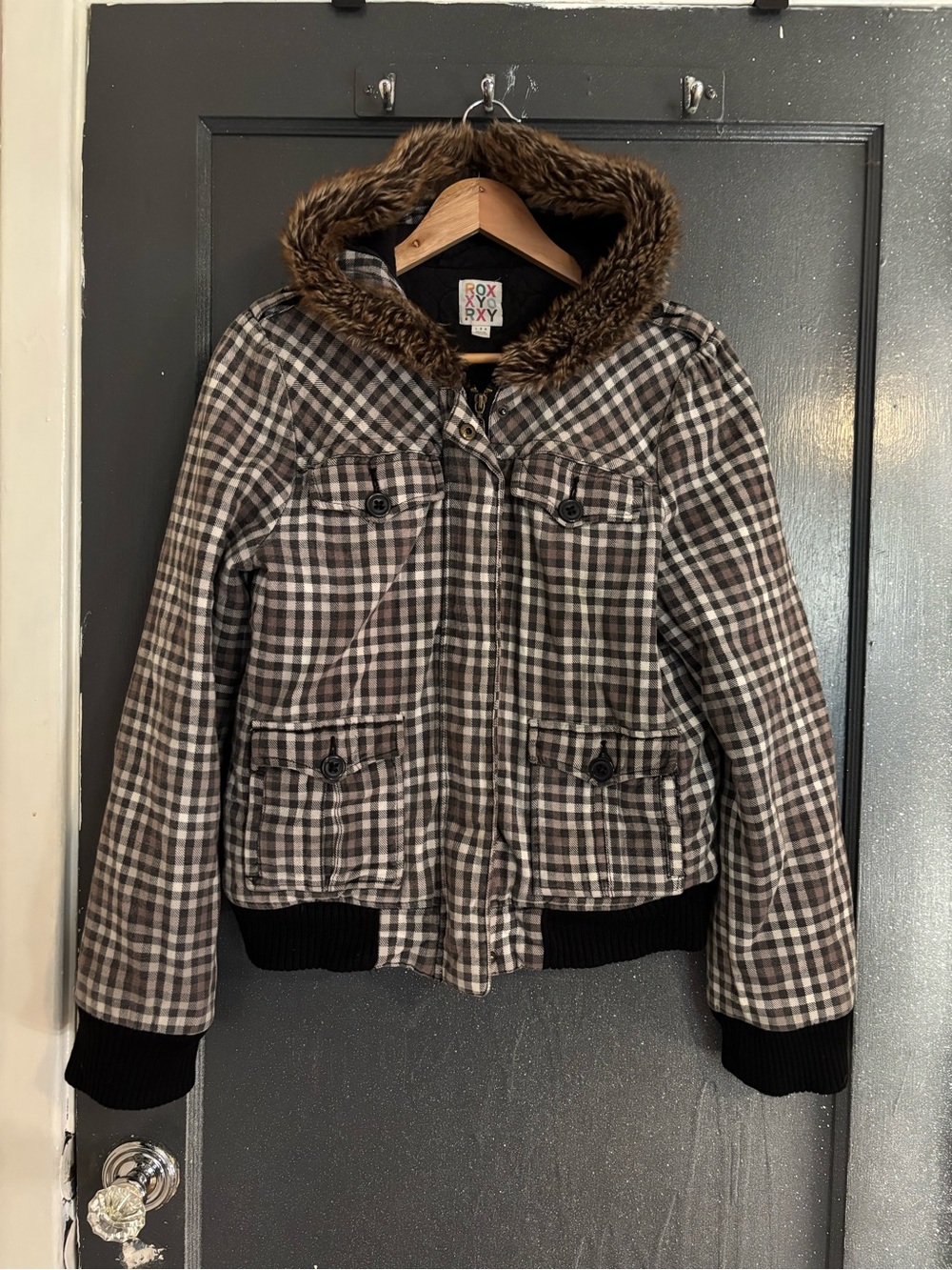 Roxy Plaid Hooded Bomber Jacket with Faux Fur Trim - Gray/Brown